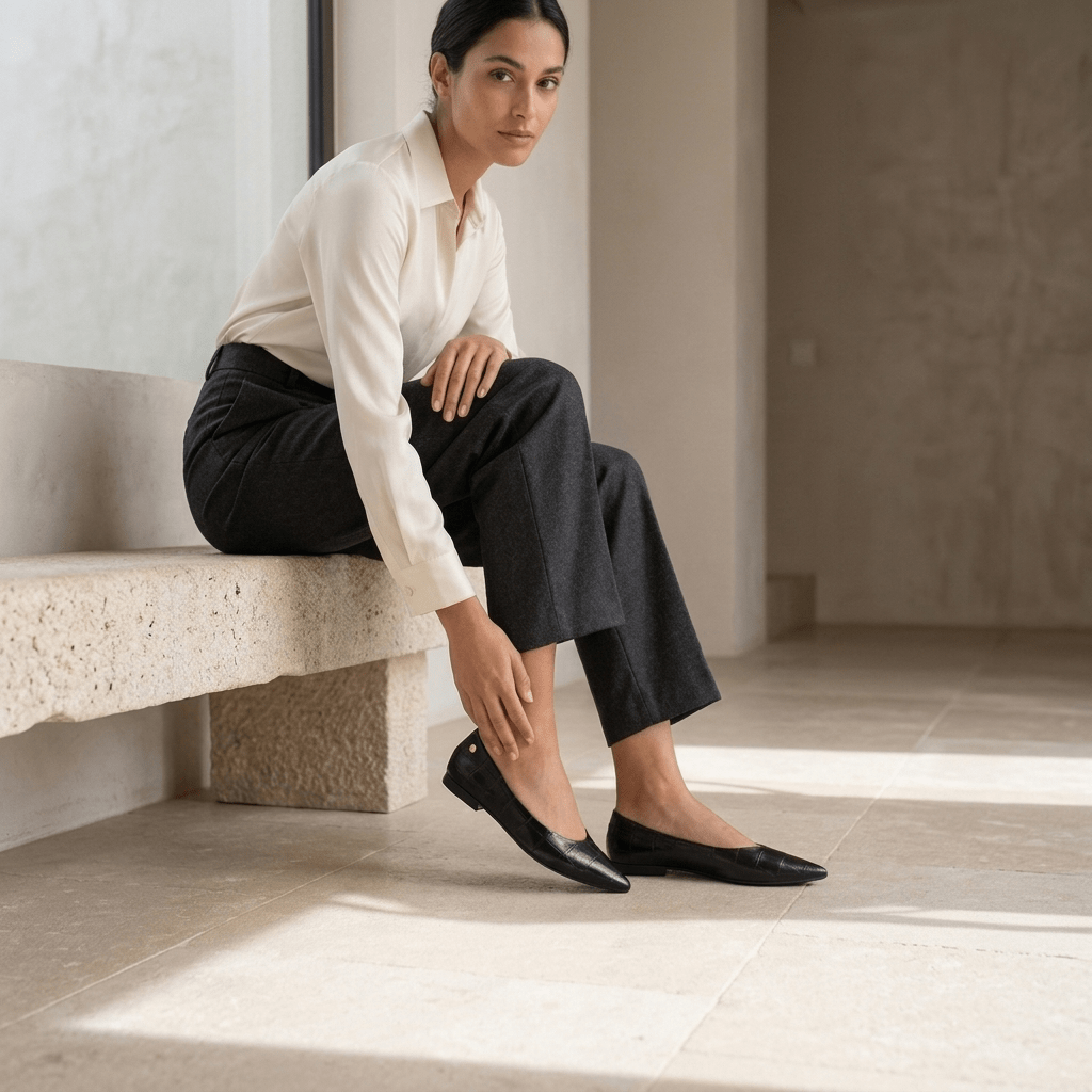 Mulher sentada num banco de pedra, com a sabrina XTi preta em destaque, look em tons neutros