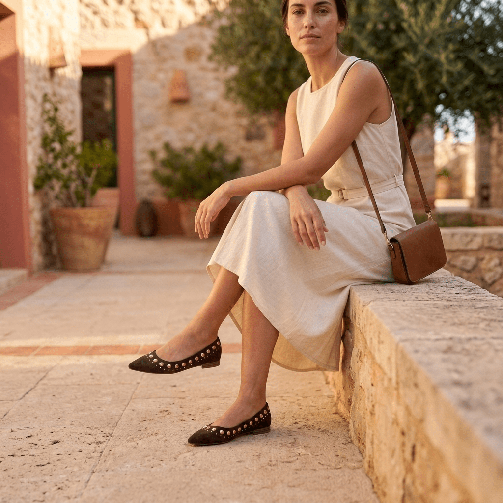 Mulher sentada num murete de pedra num pátio com oliveiras, vestida com um vestido midi cru e mala a tiracolo, calçando Sabrinas XTI castanhas em camurça com tachas.