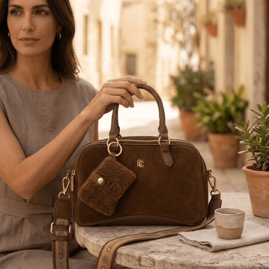 Mulher sentada a uma mesa de pedra numa rua, com o saco de mão Carmela em camurça camel.
