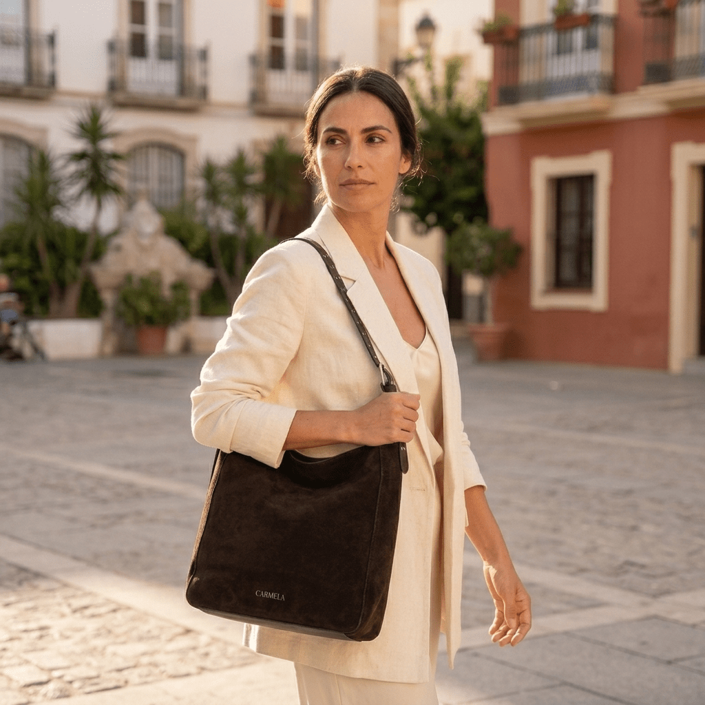 Modelo com fato de linho creme numa praça em Portugal, com o saco tiracolo Carmela Castanho a tiracolo
