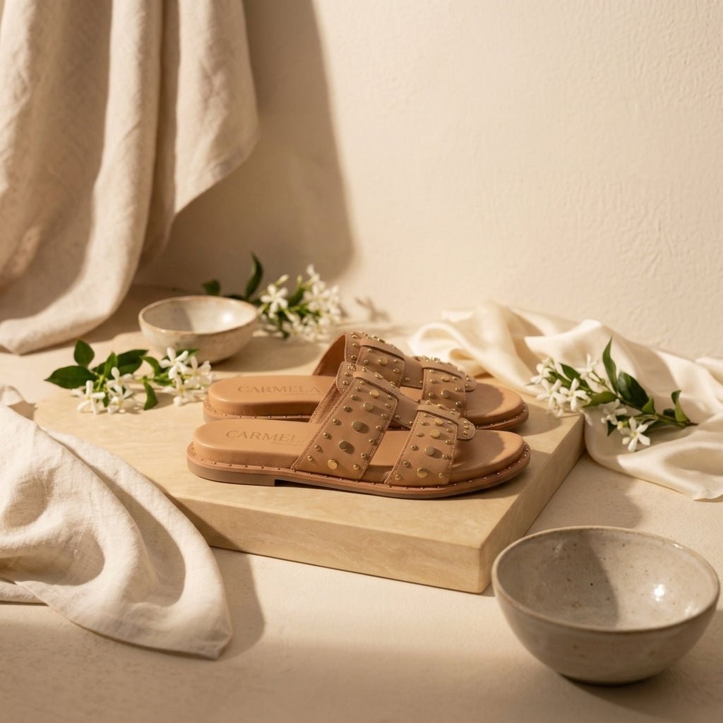 Composição still life com a caixa da sandália Carmela, tecido claro e flores