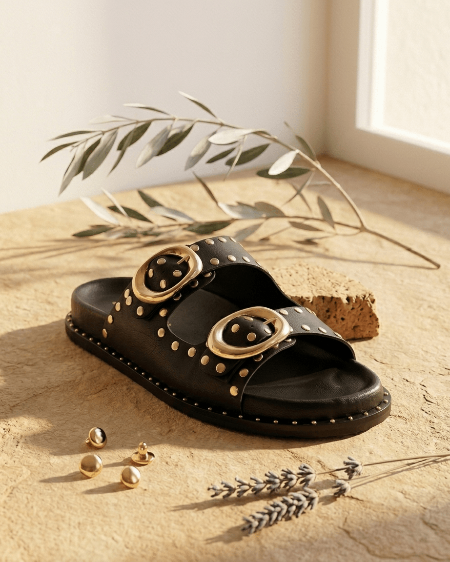 Sandália Carmela em Couro com Tachas Douradas | Verão Feminino - Roma Pell