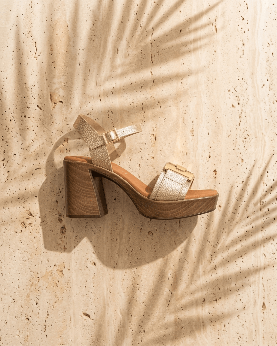 Sandália plataforma Oh My Sandals 5931 champanhe — vista lateral com salto bloco e plataforma madeira | Roma Pell