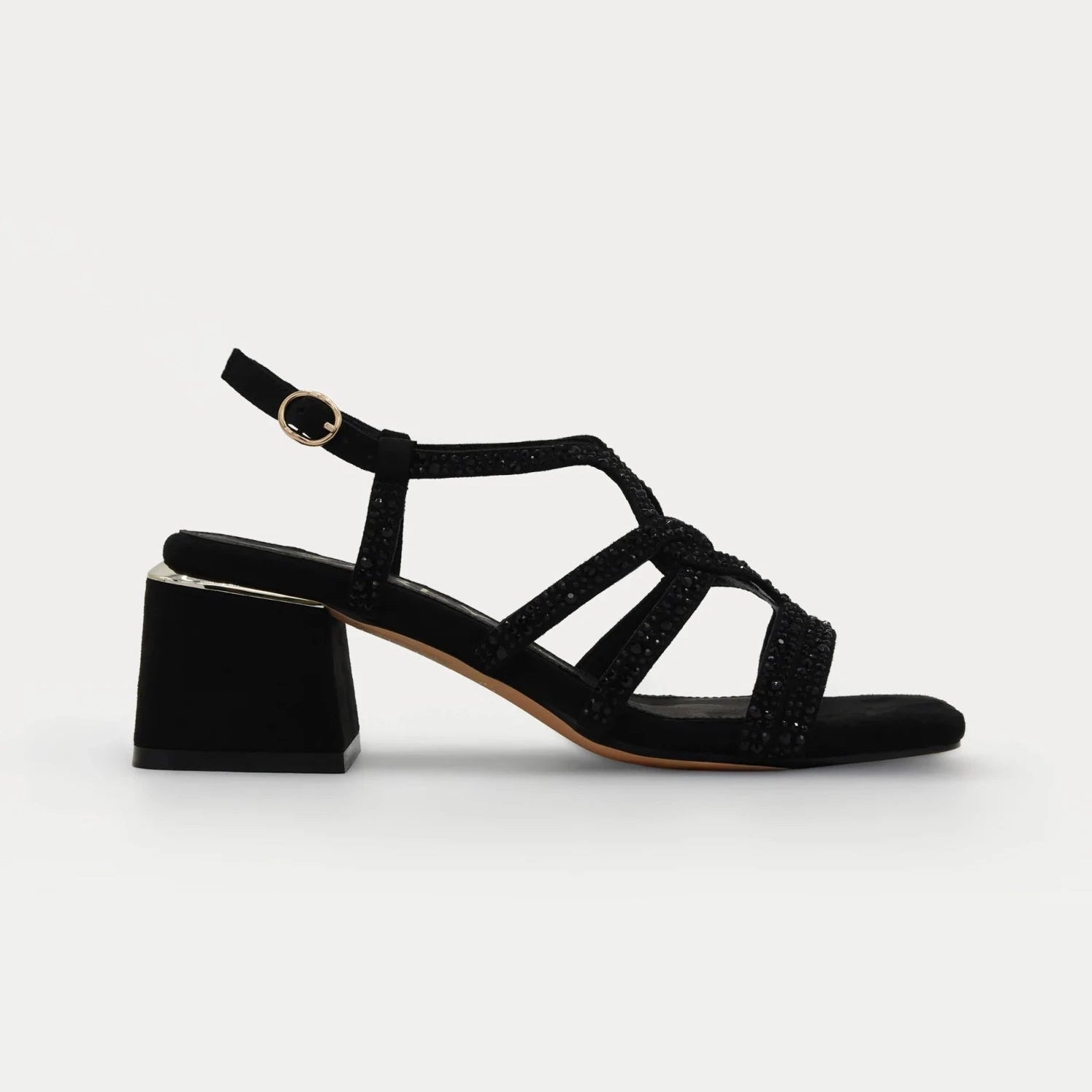 Sandália preta feminina Azarey com salto largo médio, tiras com strass e fecho lateral dourado vista lateral