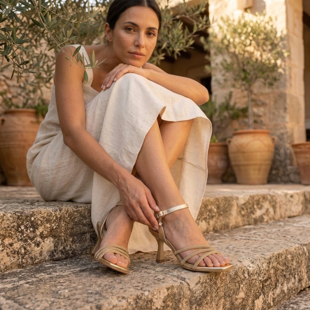 Modelo sentada com sandália C. Fluênci metalizada com micro-cristais em ambiente mediterrâneo | Roma Pell