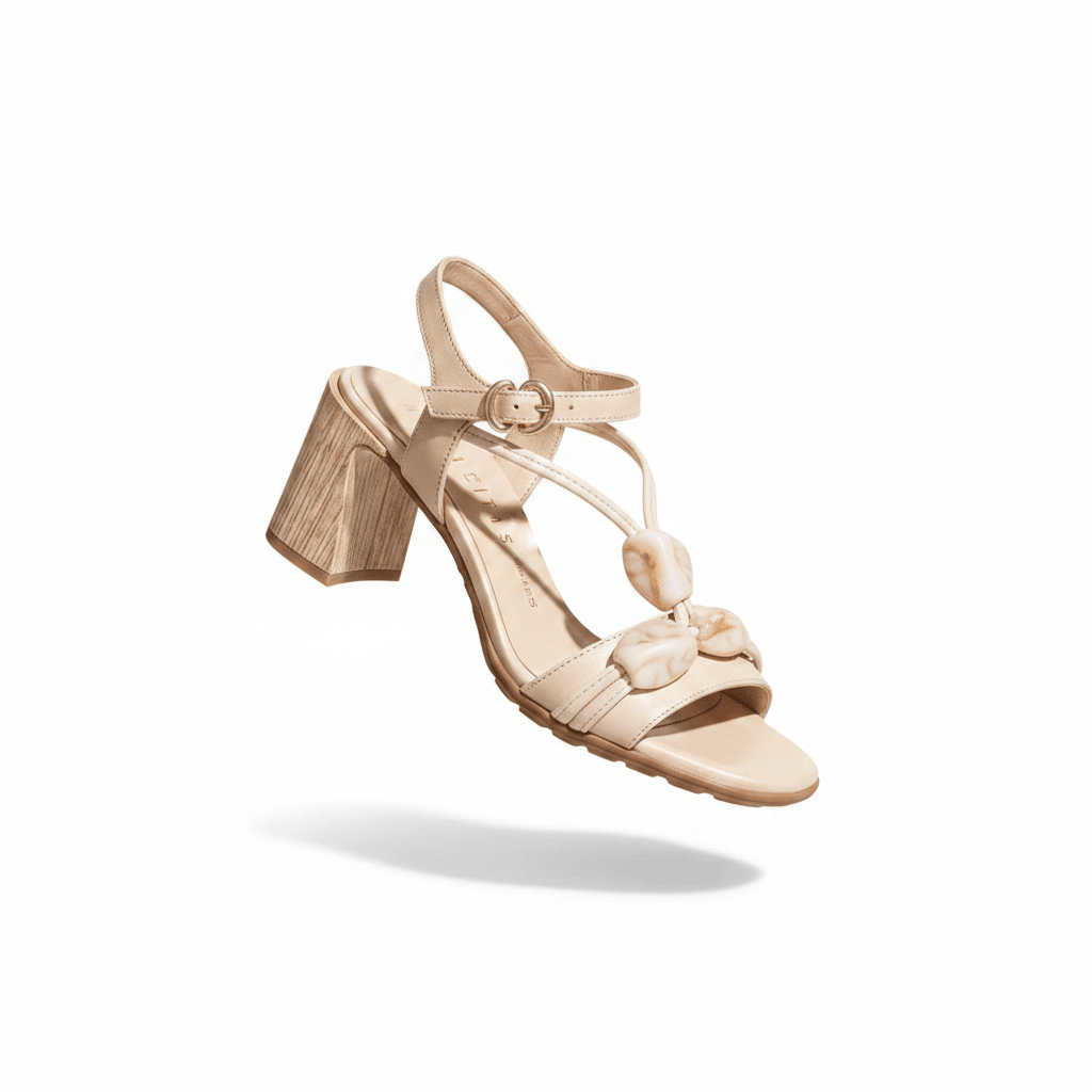 Sandália Hispanitas Creme flutuante, vista lateral, com pedras artesanais e salto bloco em efeito madeira - Roma Pell