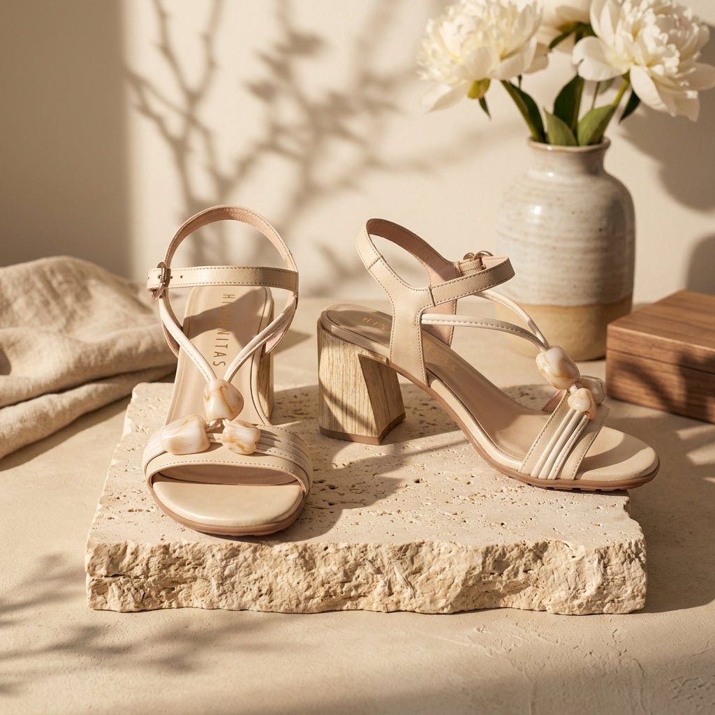 Par de Sandália Hispanitas Creme em still life, com jarro de cerâmica e flores brancas - Roma Pell