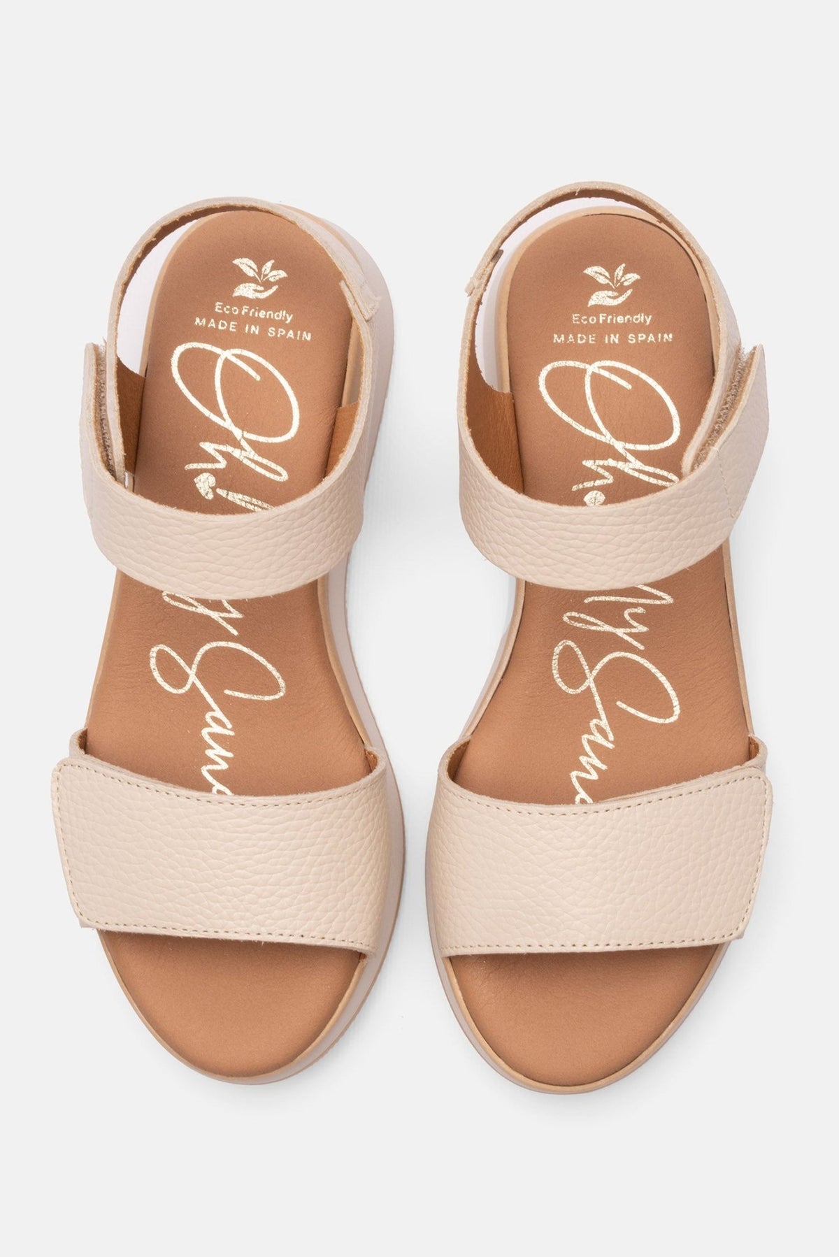 Par de sandálias Oh My Sandals 5660 bege — vista superior com marca gravada e palmilha gel | Roma Pell