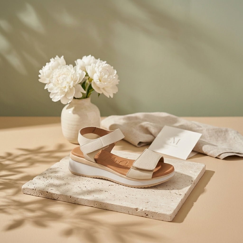 Sandália cunha Oh My Sandals 5660 bege em composição elegante com flores brancas e tecido linho | Roma Pell