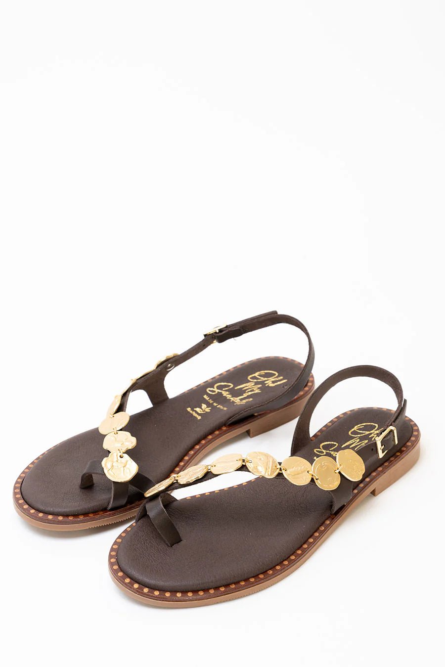 Sandália Oh My Sandals Elaia em Couro Castanho — Estilo Grego com Elegância Dourada - Roma Pell