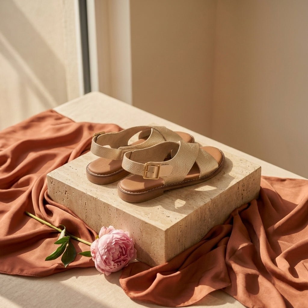 Sandália plana Oh My Sandals 5831 champanhe em composição elegante com tecido terracota | Roma Pell