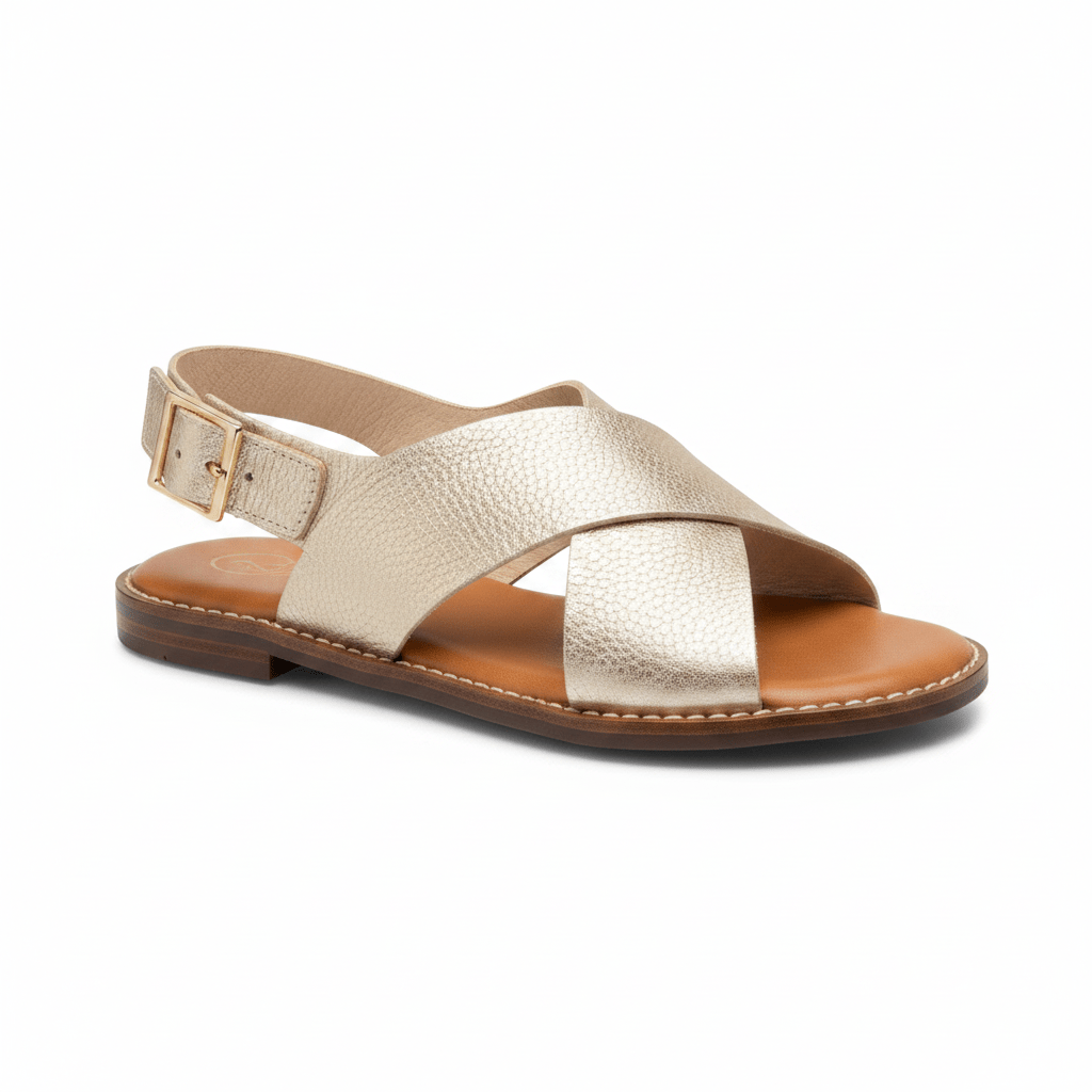 Sandália plana Oh My Sandals 5831 champanhe — tiras cruzadas em pele genuína e sola clássica | Roma Pell
