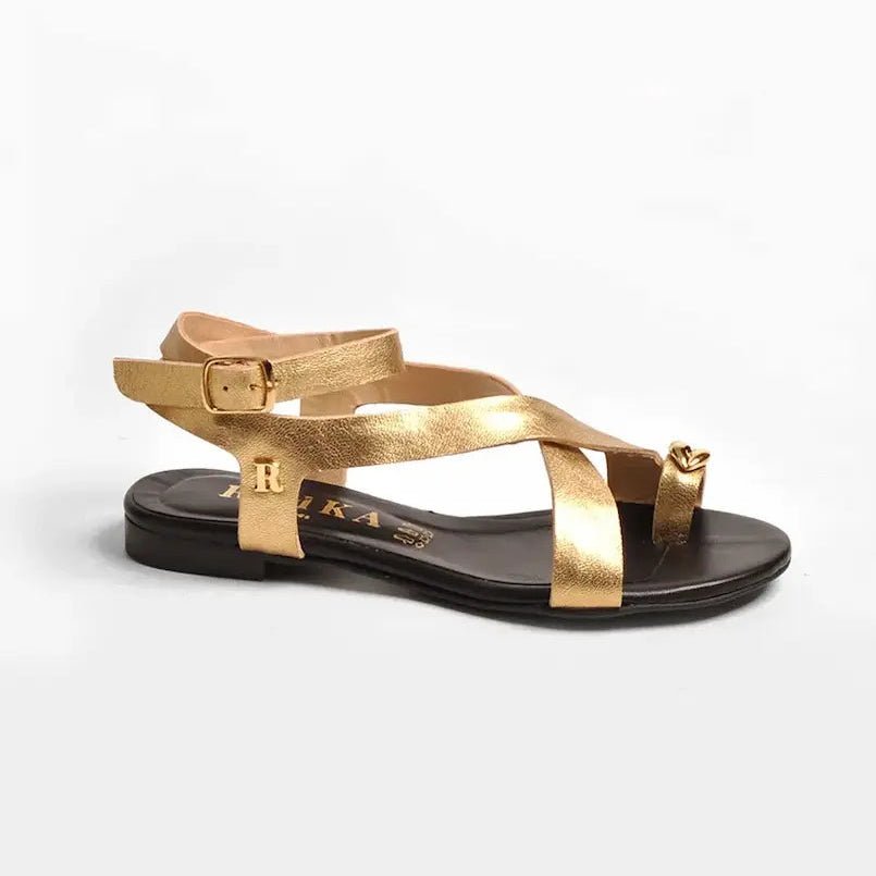 Sandália Ruika Laminado Ouro | Elegância Rasteira em Pele - Roma Pell