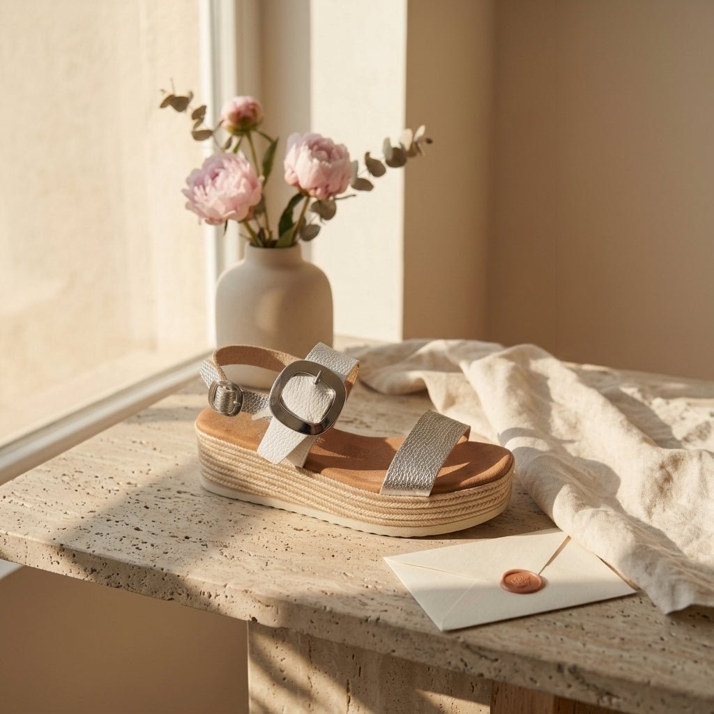 Sandália plataforma Oh My Sandals 6024 branca em ambiente de interior com flores naturais | Roma Pell