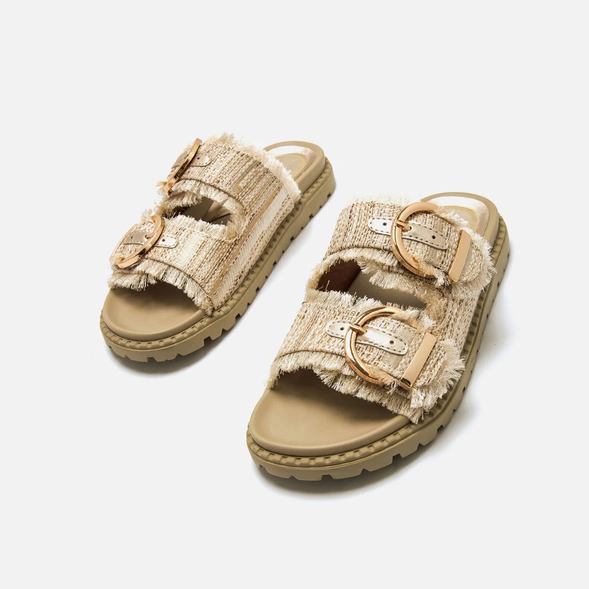 Sandálias Rasteiras Fraine Mariamare – Design Tweed com Toque Dourado - Roma Pell