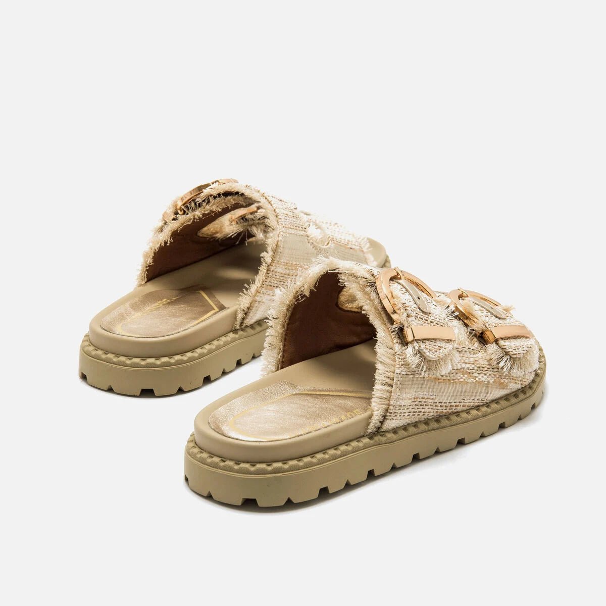 Sandálias Rasteiras Fraine Mariamare – Design Tweed com Toque Dourado - Roma Pell