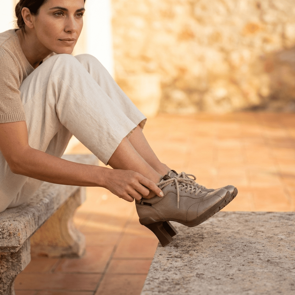 Mulher sentada num banco de pedra, ajustando o cadarço da Sapatilha Desportiva Hispanitas Saigon Taupe