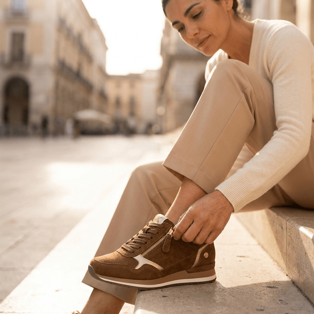 Mulher sentada a ajustar sapatilha XTI camel em camurça numa rua de pedra ao final do dia