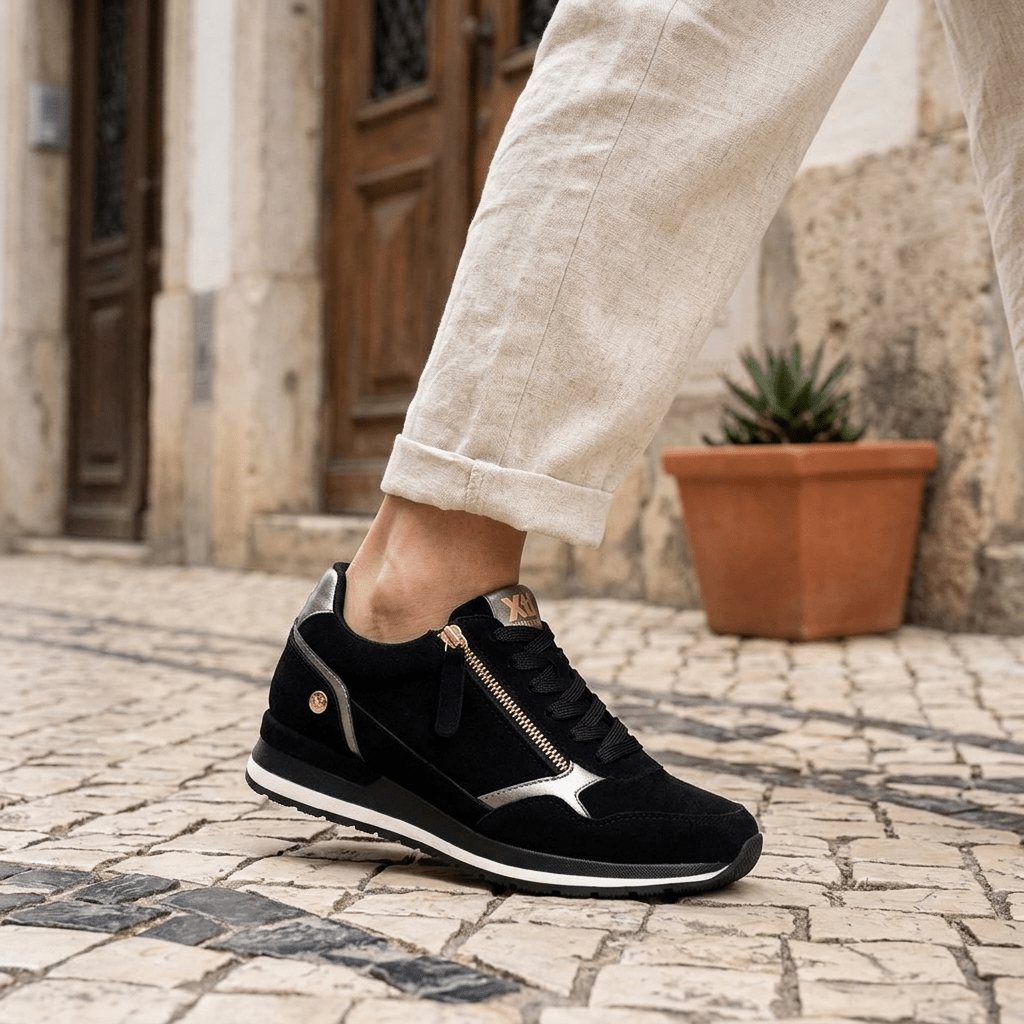 Mulher a caminhar numa rua de calçada com sapatilha XTI preta em camurça
