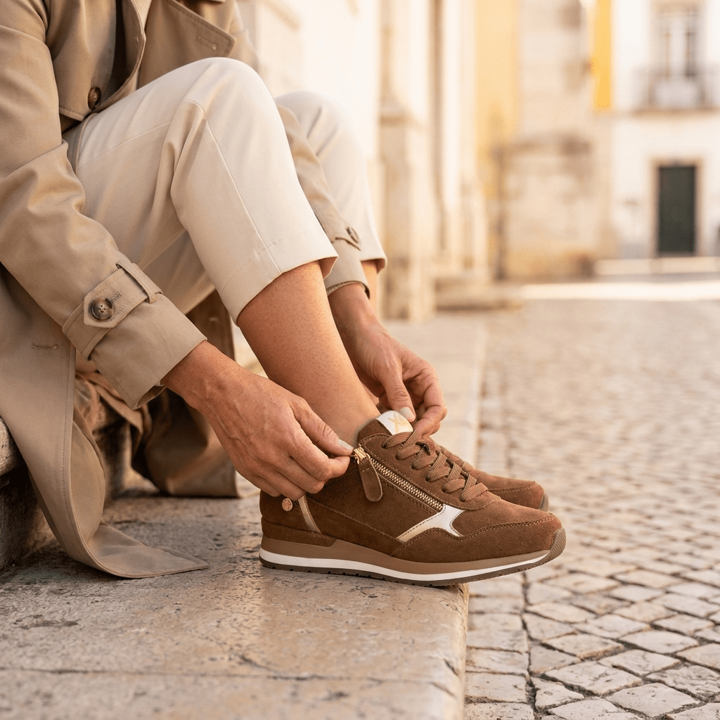 Pormenor do fecho de correr lateral dourado da sapatilha XTI camel, com mãos a ajustar o calçado