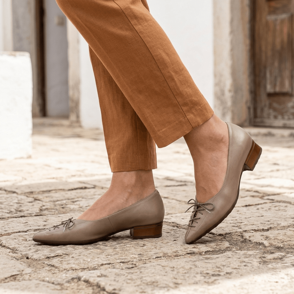 Sapatilha Hispanitas Ginebra Taupe em movimento numa rua de calçada, com calças caramelo