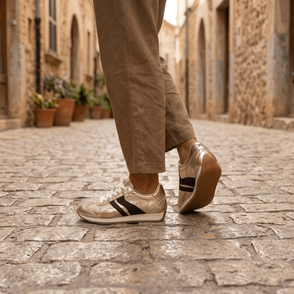 Detalhe dos pés calçados com a sapatilha XTi dourada, a caminhar numa rua de calçada portuguesa em ambiente histórico
