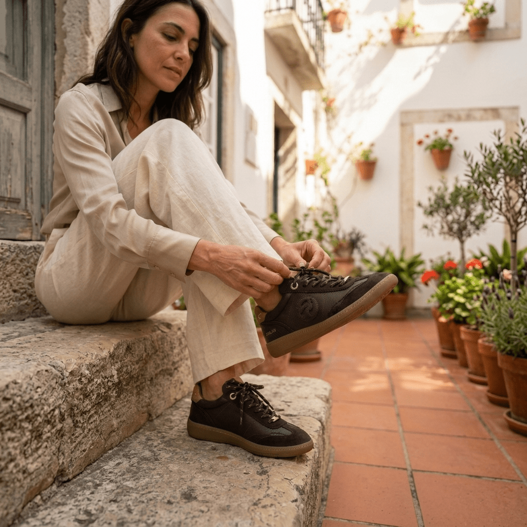 Mulher sentada num degrau de pedra numa rua portuguesa, a ajustar as sapatilhas Carmela castanhas.
