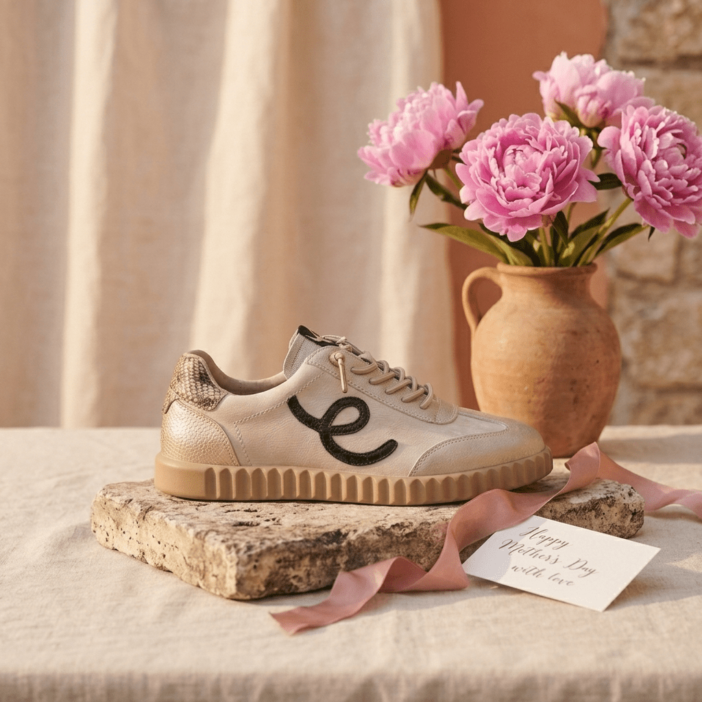Sapatilha feminina Elena Bloom bege platino sobre uma pedra, junto a peónias cor-de-rosa e um cartão de oferta.