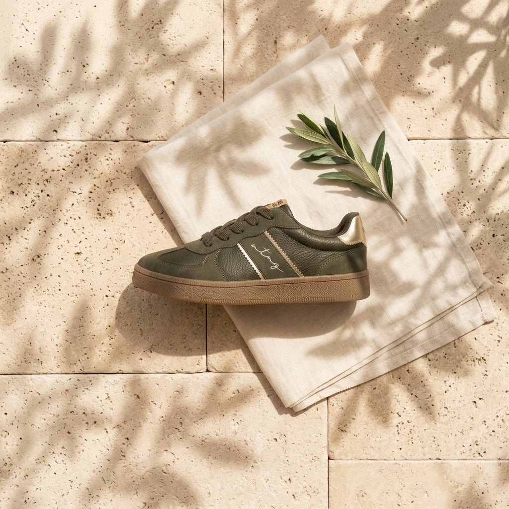 Sapatilhas Femininas Caqui Mustang Roy — Detalhe Dourado Retro