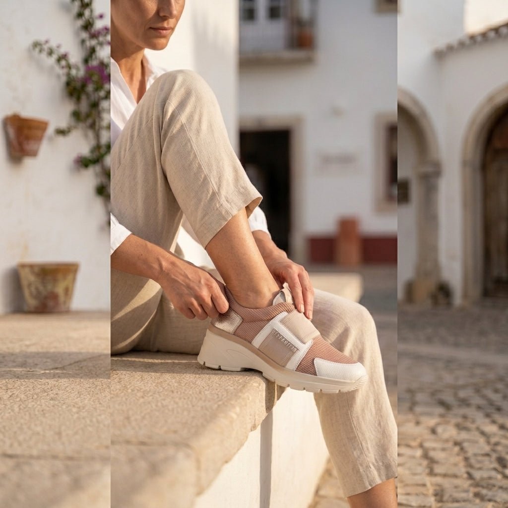 Mulher sentada numa rua portuguesa a calçar as Sapatilhas Hispanitas Jade CHV264772, em bege e branco.