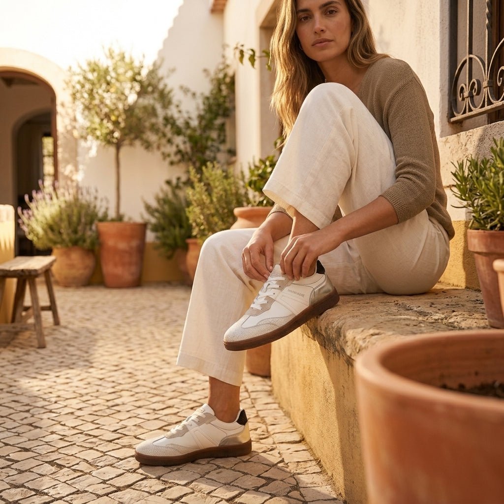 Mulher sentada num muro de pedra num pátio exterior, a ajustar os atacadores das Sapatilhas Mariamare Gilda, com calças bege.