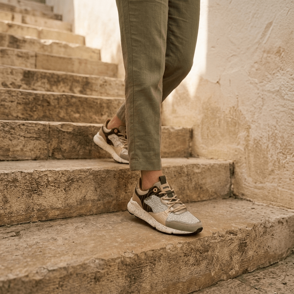 Mulher a descer uma escadaria de pedra ao ar livre, calçando sapatilhas Mustang Climb taupe, combinadas com calças em verde-oliva, em cenário urbano mediterrânico.