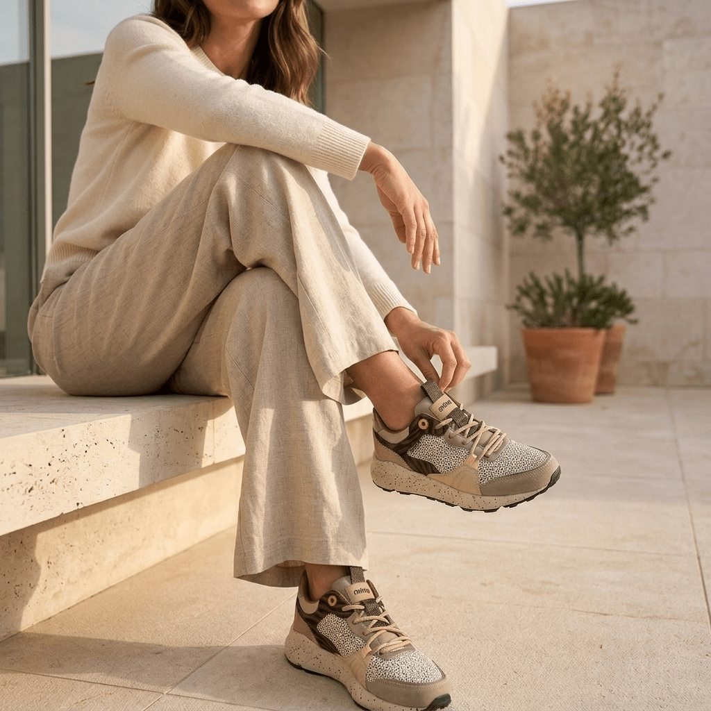 Mulher a ajustar uma sapatilha Mustang Climb taupe sentada num degrau de pedra à entrada de um pátio exterior, junto a uma oliveira em vaso, com look casual em tons neutros.