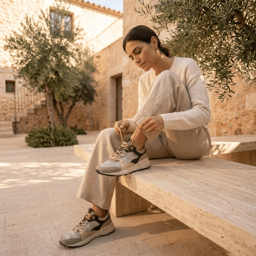 Mulher sentada num banco de pedra num pátio mediterrânico com oliveiras, a ajustar as sapatilhas Mustang Climb taupe, em look casual bege de malha.