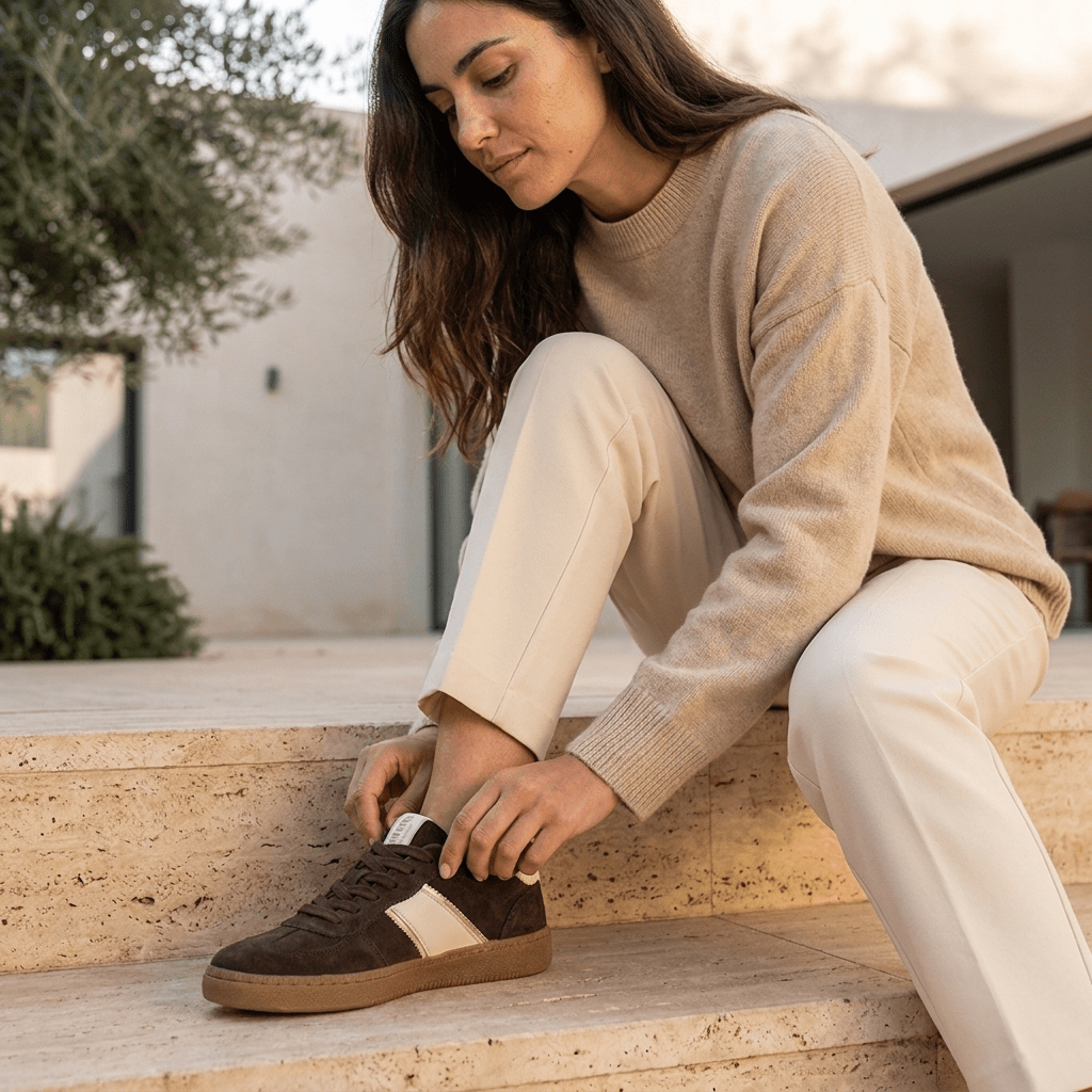 Mulher de camisola camel e calças cremes a atar as sapatilhas retro Mustang Roy castanhas num degrau exterior