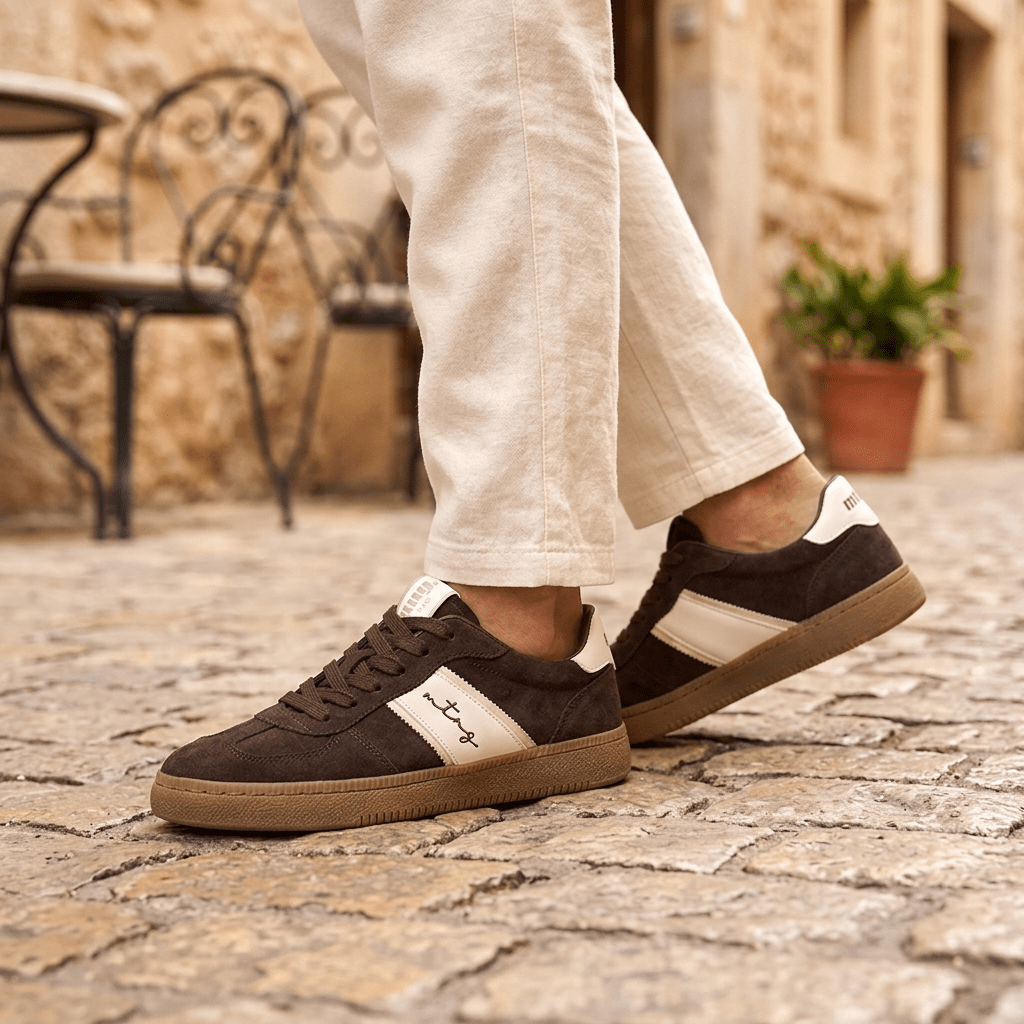 Sapatilhas Mustang Roy castanhas com calças de linho cremes numa rua empedrada, look casual urbano