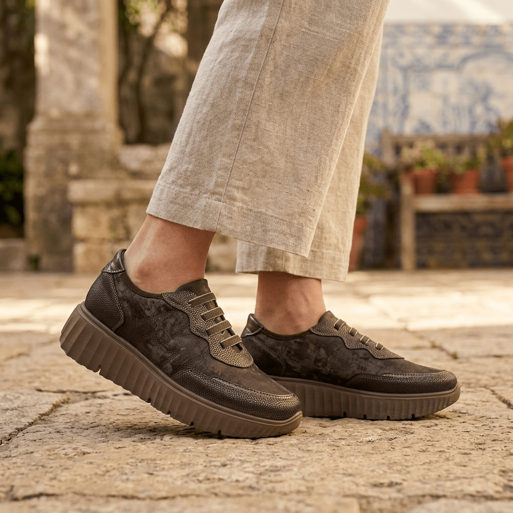 Mulher a caminhar com sapatilhas Mysoft Muse castanhas e calças de linho bege num pátio de pedra