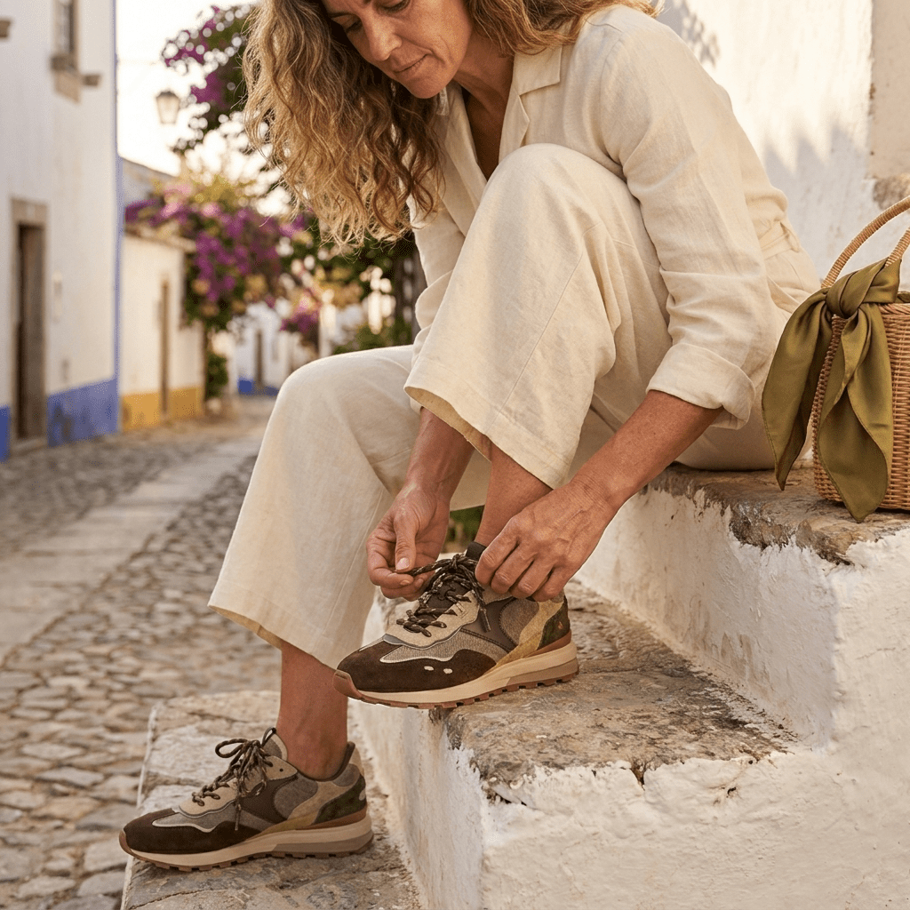 Mulher sentada em escadas de uma rua de calçada portuguesa a apertar as sapatilhas Victória Luna castanho