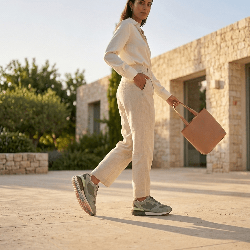 Mulher a caminhar com as sapatilhas XTI camurça kaki, num ambiente exterior mediterrânico
