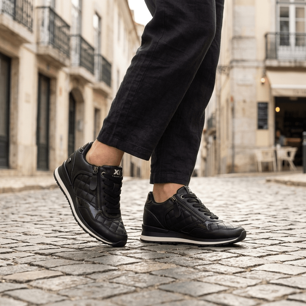 Mulher a caminhar numa rua de calçada com umas sapatilhas XTI pretas acolchoadas e calças pretas de linho