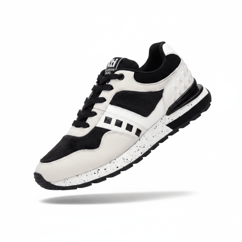 Sapatilhas XTI preto e branco, estilo retro runner, vista lateral em fundo branco