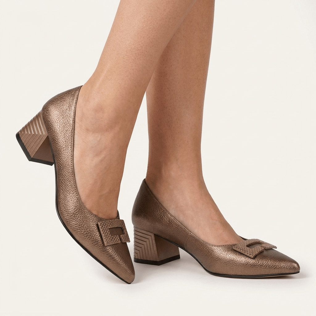 Pés femininos com sapatos clássicos Azarey em bronze metalizado, tacão geométrico ranhurado e adorno no peito do pé, fundo claro