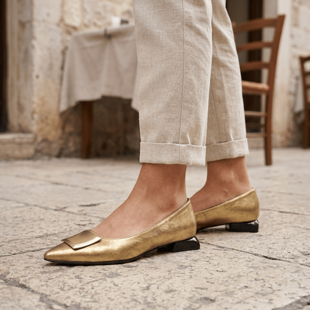 Sapatos dourados Daniella Vega com calças de linho de bainha dobrada, numa rua de pedra