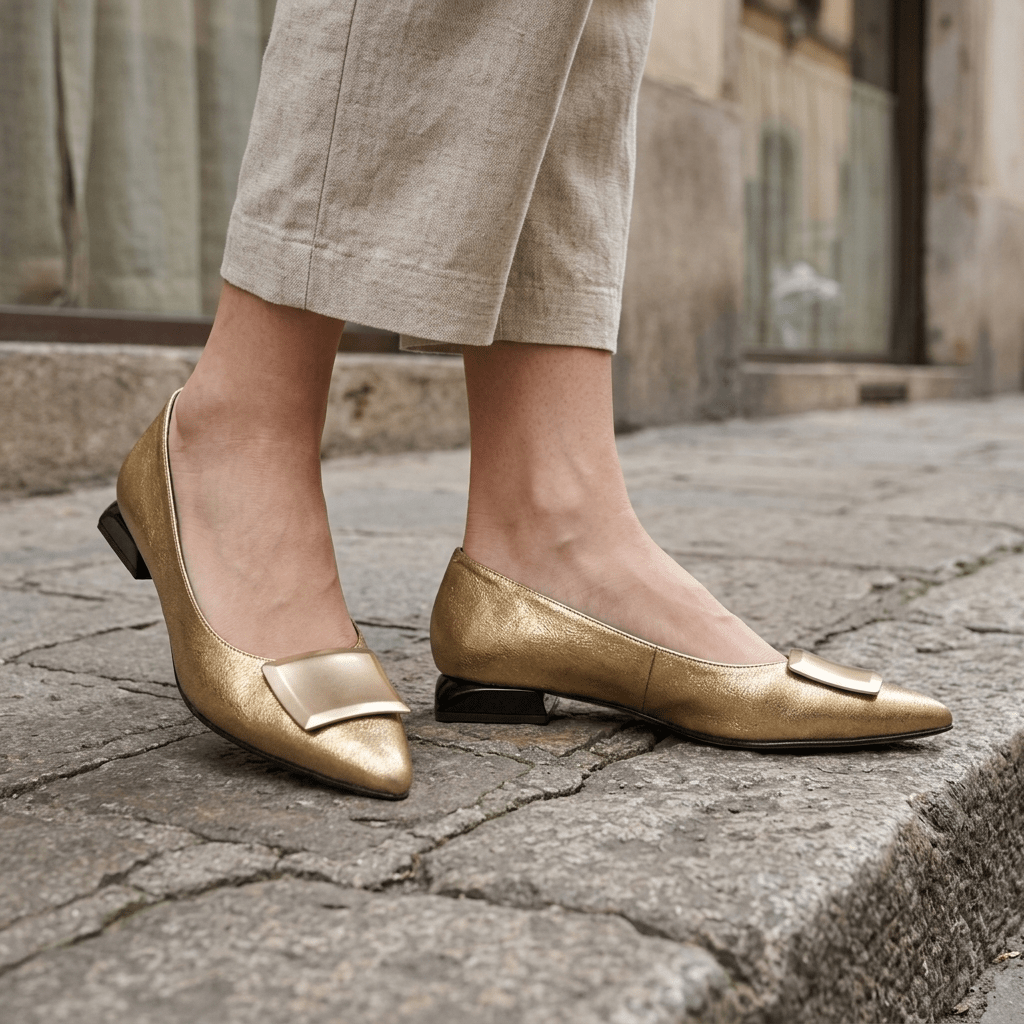 Sapatos dourados Daniella Vega com aplique metálico, vistos de lado e de frente, sobre empedrado, com calças de linho