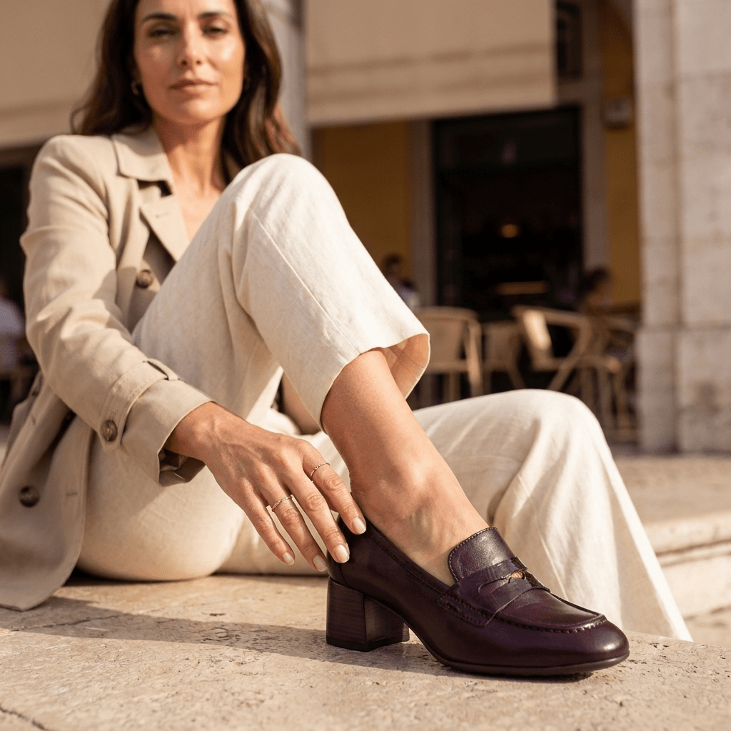 Mulher sentada num terraço urbano, ajustando o Sapato Feminino Hispanitas Bordeaux ao pé