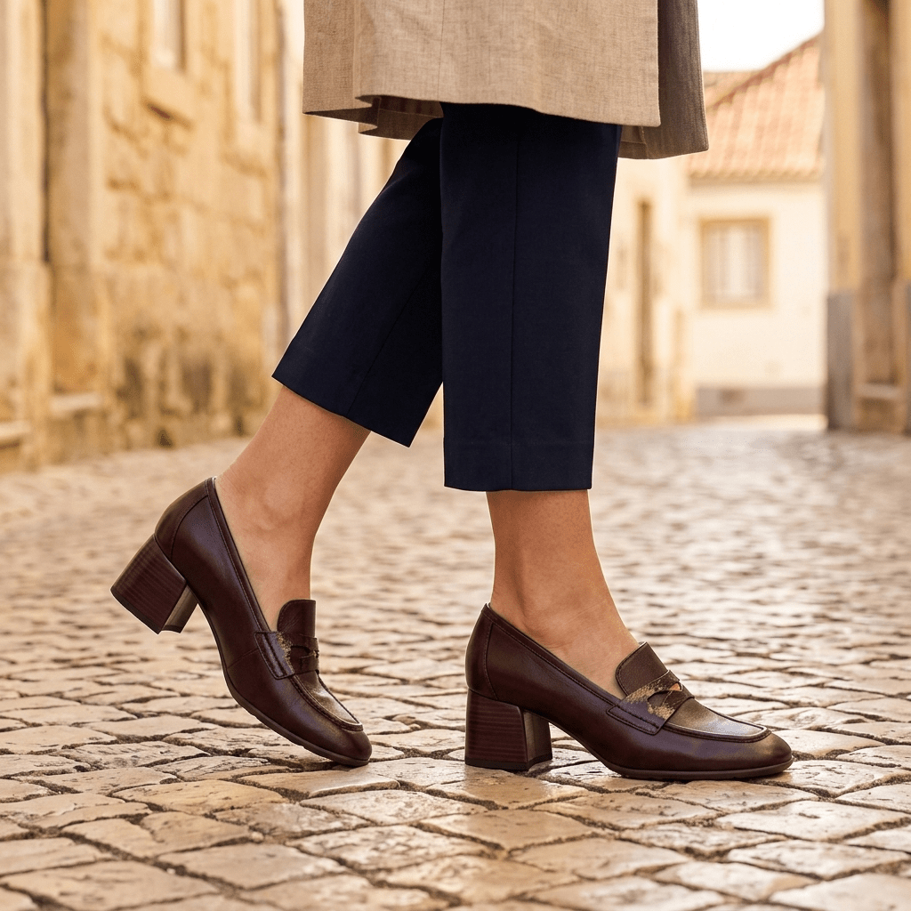 Mulher a caminhar numa rua de calçada com o Sapato Feminino Hispanitas Bordeaux, pormenor dos pés em movimento