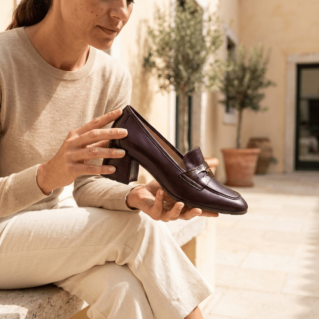 Mulher sentada, segurando o Sapato Feminino Hispanitas Bordeaux na mão, examinando o salto médio e a tira decorativa