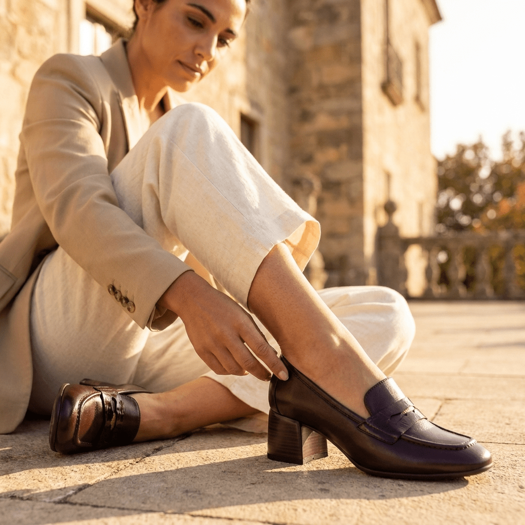 Mulher sentada num terraço de pedra, ajustando o Sapato Feminino Hispanitas Bordeaux ao calçá-lo