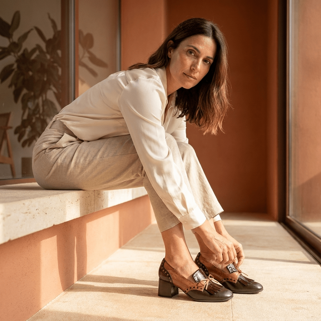 Mulher sentada num banco de pedra, ajustando o Sapato Hispanitas Varsovia Tricolor ao pé