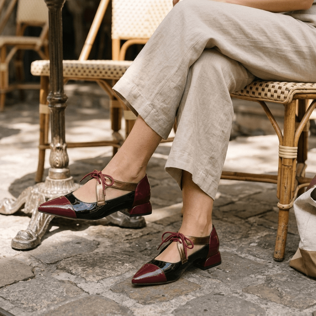 Pernas cruzadas numa esplanada de calçada, com calças de linho bege e sapatos Mary Jane Azarey bordeaux e preto